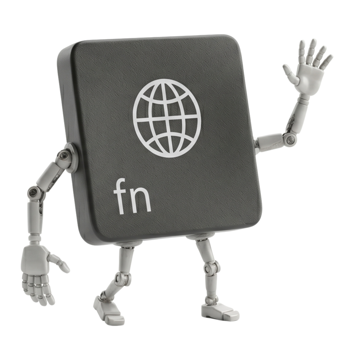 The macOS globe / language key drawn as a little robot, waving goodbye