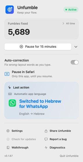 The Unfumble menu showing an automatic switch to Hebrew for WhatsApp