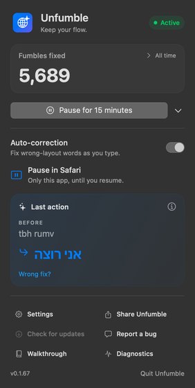 The Unfumble menu-bar panel in dark mode