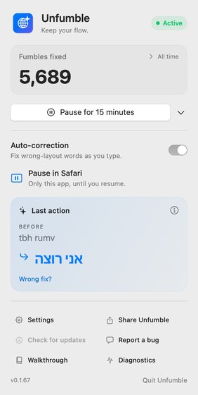 The Unfumble menu-bar panel in light mode: the fumbles-fixed counter, pause controls, and the last correction, akuo to שלום