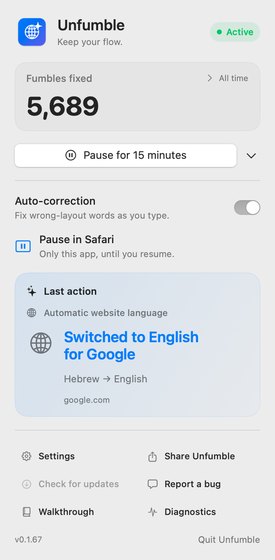 The Unfumble menu showing an automatic switch to English for google.com