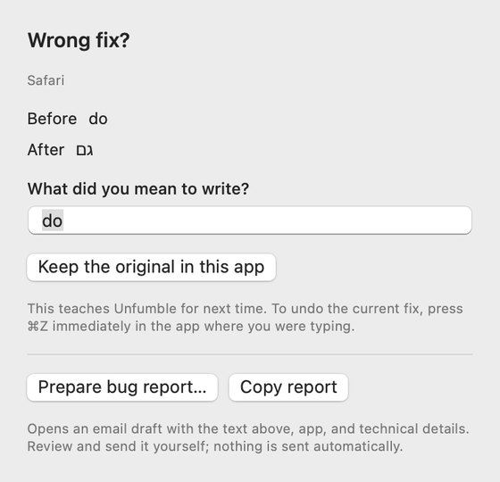 The Wrong fix? panel, where you can tell Unfumble to keep the original word