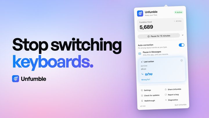 Headline “Stop switching keyboards.” next to the Unfumble menu